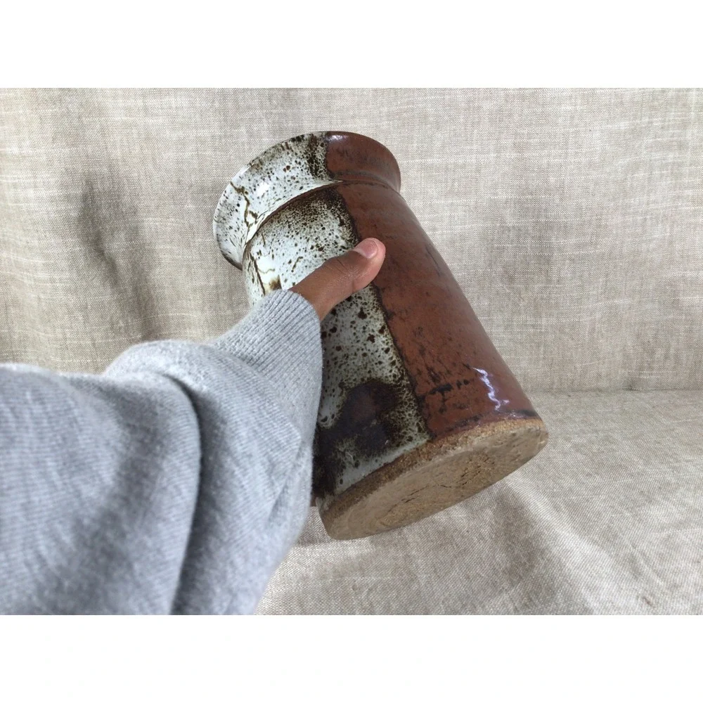 Vase Good Vintage Studio Pottery Brown White Drip Glaze Stoneware 7.5in